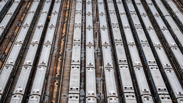 Vista Aérea Grande Angular Depósito Trem Hudson Yards Com Linhas — Fotografia de Stock