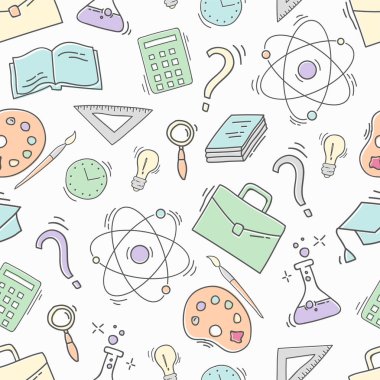 Elle çizilmiş çalışma seamless modeli okul aksesuarları ile