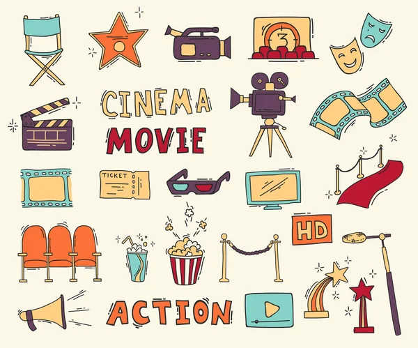 Conjunto de iconos de cine dibujados a mano — Vector de stock