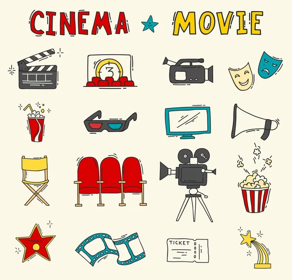 Set di icone del cinema disegnate a mano — Vettoriale Stock