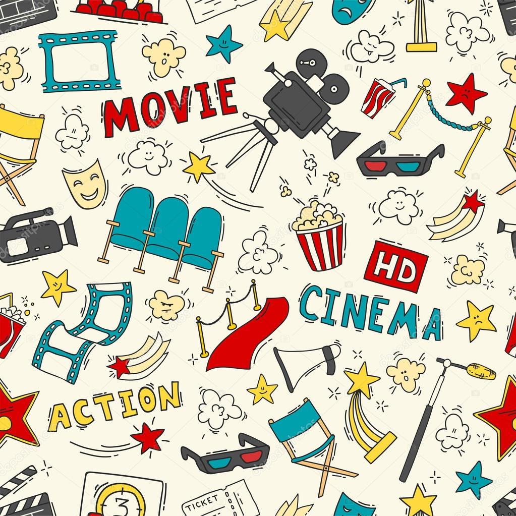 Cinema seamless pattern with hand drawn elements