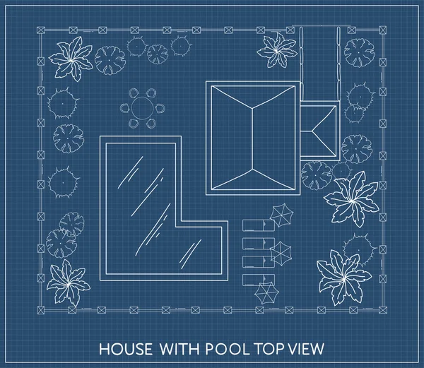 Yüzme Havuzu, mobilya ve üstten görünüm ağaçlarda ile evin planı