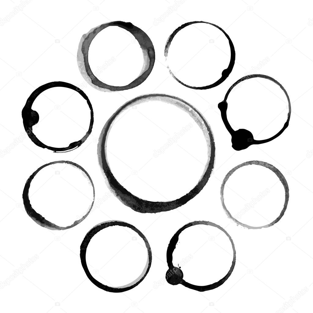 Set of abstract black ink stain circles