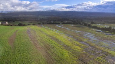 Şiddetli bir fırtınadan sonra sel basmış tarlaların ve nehrin insansız hava aracının üst görüntüsü taştı.