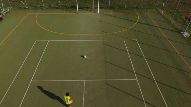 Widok z lotu ptaka z dronem dziewczyny, która strzela bramki na boisku do piłki nożnej 5-a-side — Wideo stockowe