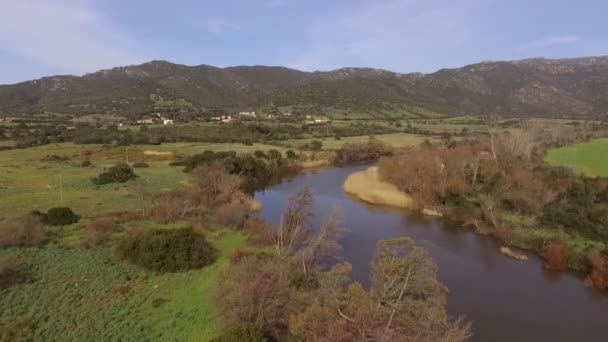 Aerial View Overflight Lake Coghinas River Sardinia Wrapped Trees Agricultural — Stock Video