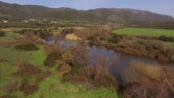 サルビアの湖とコギナ川の上空からの眺めドローンで木々や農地に包まれた — ストック動画