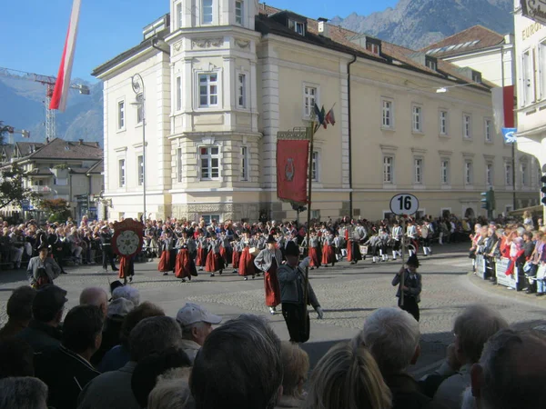 Merano Szőlő Fesztivál Dél Tirol Jellegzetes Zenei Zenekarok Tipikus Tyrolean — Stock Fotó