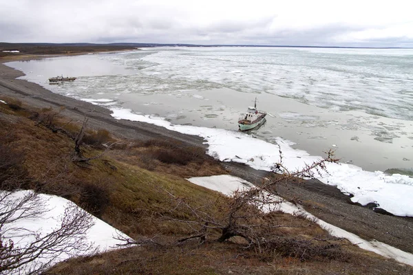 Taimyr Lago Pyasino Julho Gelo Tundra Nevoeiro Dia Pescador — Fotografia de Stock