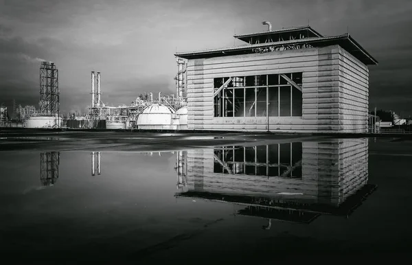 Building in factory of petrochemical industry with black and white tone
