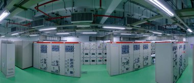 Panorama of electrical substation room in petrochemical industry or Oil and gas refinery or Power plants