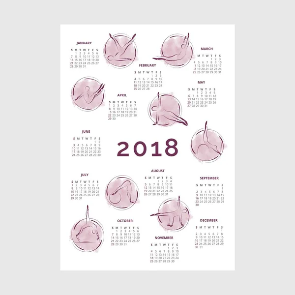 Calendario 2018 Con Poses Pilates — Vector de stock