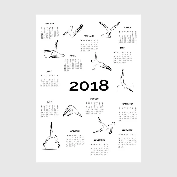 Calendario 2018 Con Poses Pilates — Vector de stock
