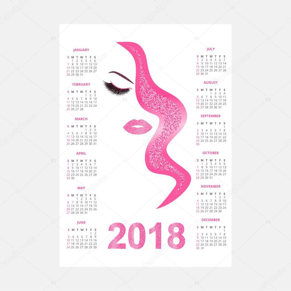 Women with glittery makeup 2018 calendar vector illustration