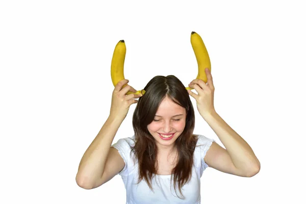 Lány Banán Szarvak Egy Fehér Háttér — Stock Fotó