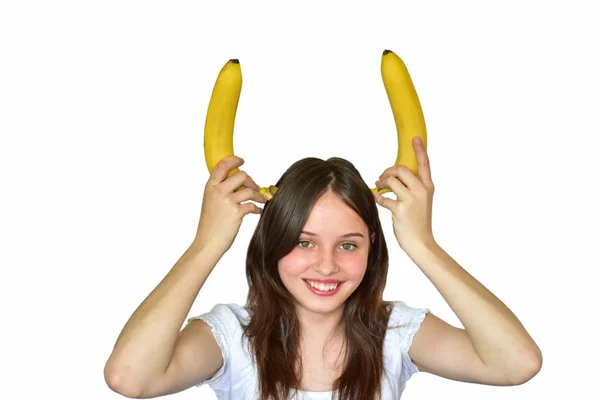 Meisje Met Banaan Hoorns Een Witte Achtergrond — Stockfoto