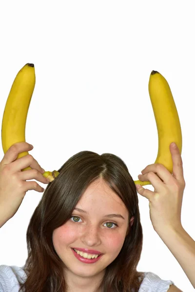 Flicka Med Banan Horn Vit Bakgrund — Stockfoto