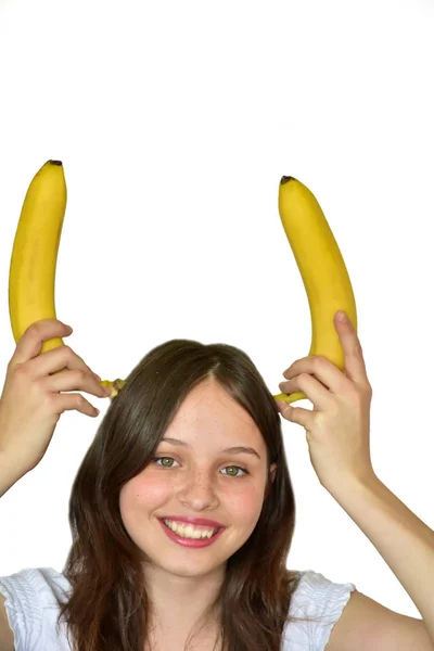 Menina Com Chifres Banana Fundo Branco — Fotografia de Stock