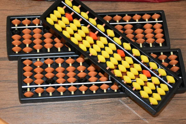 abacus on a wooden background and mental arithmetic