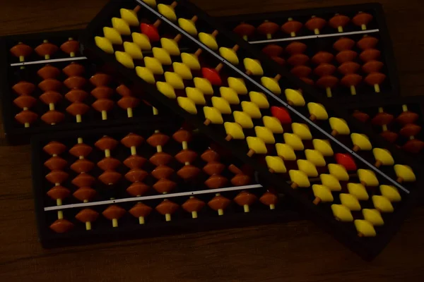 abacus on a wooden background and mental arithmetic