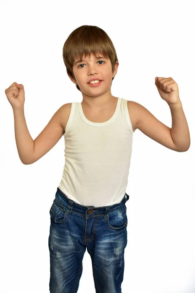 Child White Background Shows Gesture His Hands — Stockfoto