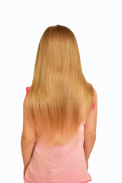 Blond Meisje Een Witte Achtergrond Terug Uitzicht — Stockfoto