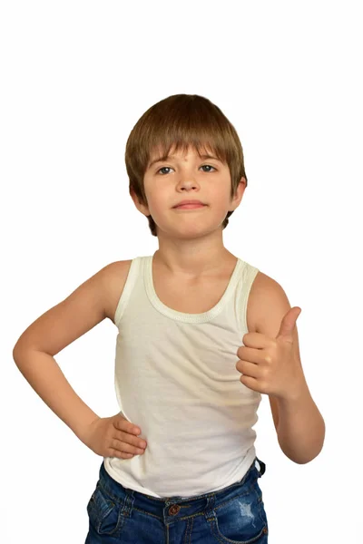 Child White Background Shows Gesture His Hands — Stockfoto