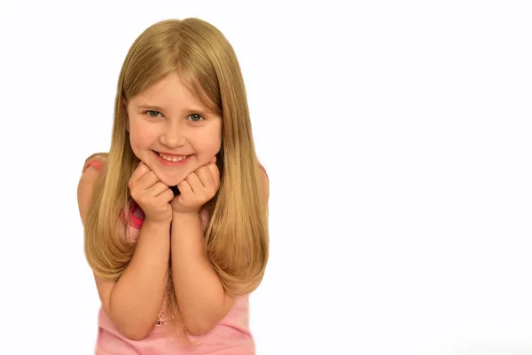 Blond Meisje Een Witte Achtergrond — Stockfoto