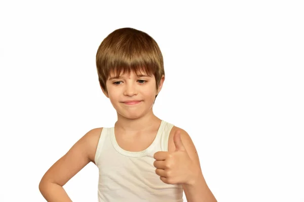 Child White Background Shows Gesture His Hands — Stockfoto