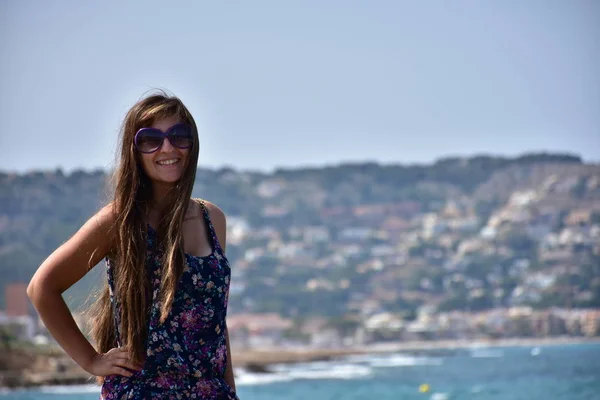 Girl Sunglasses Background Sea — 스톡 사진