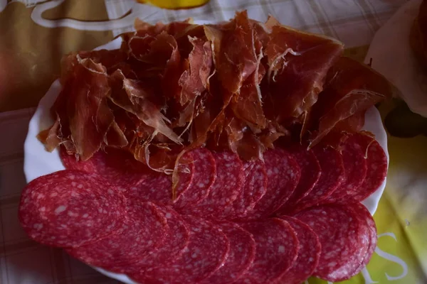 Salami Sausage Plate Meat — Stock Photo, Image