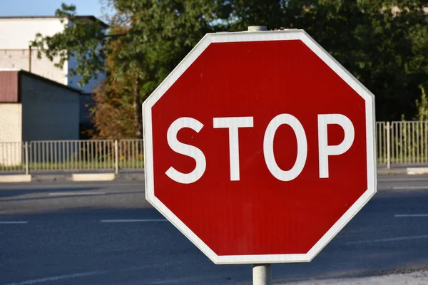Stop Road Sign Red Background — Stock Photo, Image