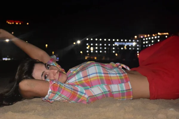 Girl Sand Night Landscape — Stock Photo, Image