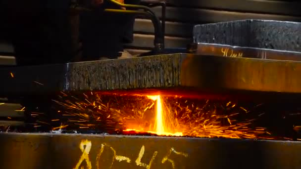 Lavoratori che tagliano il metallo con una torcia a gas nell'industria metallurgica — Video Stock