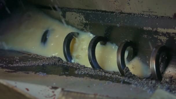 De lente in de emulsie spoelt de metalen krullen lintzaag Machine — Stockvideo