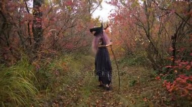 Genç saç cadı arama reaktifler mistik sonbahar ormandaki pink. Cadılar Bayramı hazırlık.