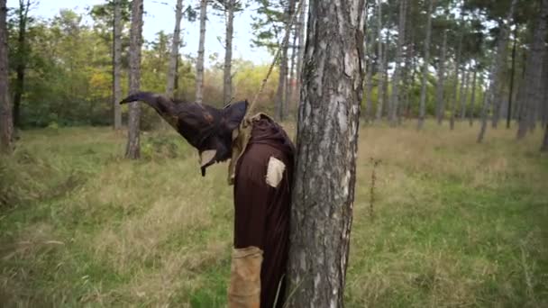 Horror-Vogelscheuche steht mit Sacktuch-Maske im Wald — Stockvideo