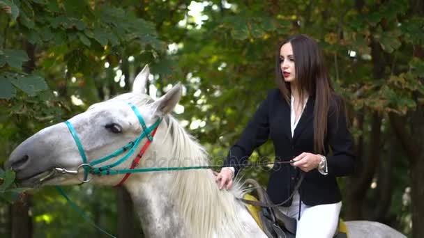 Joven morena jokey girl cabalgando caballo en el parque — Vídeo de stock