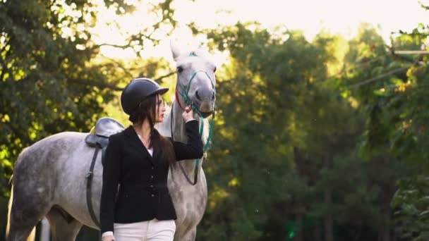 Junge brünette jokey mädchen walking mit pferd im park — Stockvideo