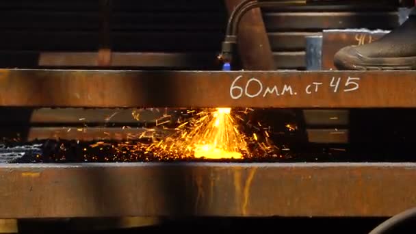 Lavoratore che taglia il metallo con una torcia a gas Fiamma nell'industria metallurgica vista da un lato — Video Stock