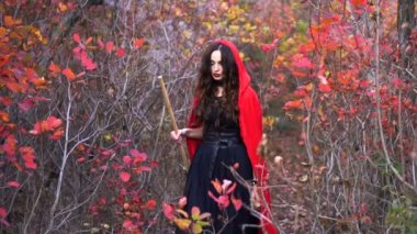 Genç güzel esmer cadı mistik sonbahar ormanın içinde kırmızı pelerini ile.