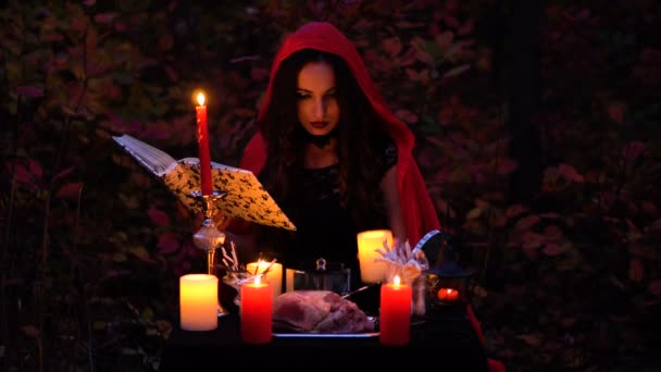 Bruxa morena linda atraente com livro em manto vermelho evoca na floresta mística de outono. bruxaria com um coração, pernas de frango e agulhas de porco-espinho — Vídeo de Stock