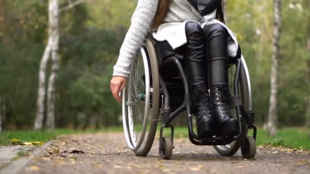 Attraktives Mädchen im Rollstuhl, das im Herbstpark spazieren geht. Behinderte Freizeit — Stockvideo