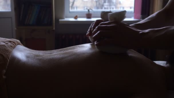Profesjonalnego masażysty ugniata z tyłu młoda kobieta z szmacianej torby z Insode chwastów na sesji masażu. Masaż ajurwedyjski Abyanga. — Wideo stockowe