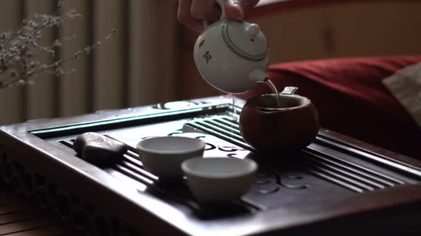 Gieten van groene thee in flesje op traditionele Chinese thee ceremonie — Stockvideo