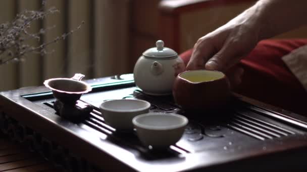 Hand hält grünen Tee in der traditionellen chinesischen Teezeremonie. Ausrüstung zum Teetrinken — Stockvideo