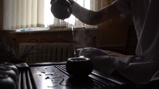 Video inversat. Omul care toarnă ceai Puer în ceainic la ceremonia tradițională de ceai chinezesc. Set de echipamente pentru ceaiul de băut — Videoclip de stoc