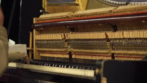 Manos de viejo en metro tocando piano con mecanismo abierto og Cuerdas y martillos — Vídeo de stock