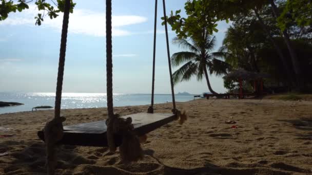 在温暖的热带海洋成本的沙滩上, 一根绳子摆动悬挂在棕榈树的右边. — 图库视频影像