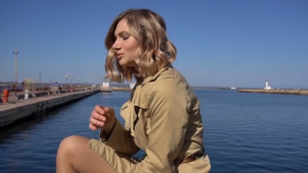 Attraktive junge blonde Frau im Trench mit Vintage-Koffer sitzt auf der Seebrücke. Parallaxe — Stockvideo